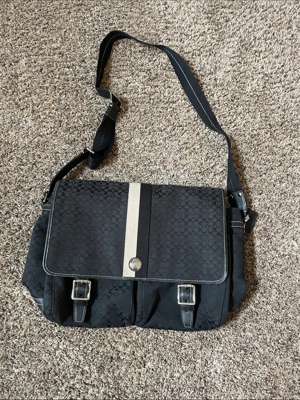 Coach Black Signature Canvas Crossbody with Cream Stripe